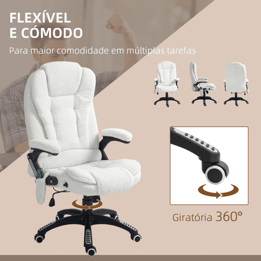 Vinsetto Cadeira de Massagem com 6 Pontos de Massagem Cadeira de Escritório Reclinável até 130° com Função de Aquecimento Altura Ajustável e Rodas para Estúdio 67x74x107-116 cm Branco Vinsetto Cadeira de Massagem com 6 Pontos de Massagem Cadeira de Escritório Reclinável até 130° com Função de Aquecimento Altura Ajustável e Rodas para Estúdio 67x74x107-116 cm Branco