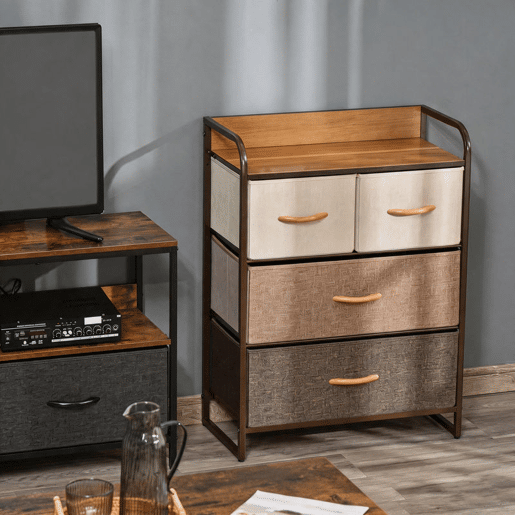 HOMCOM Cómoda Estreita com 4 Gavetas Dobráveis de Tecido, Estrutura Metálica, Ideal para Quarto, Sala, Casa de Banho ou Lavandaria, Multicolorida