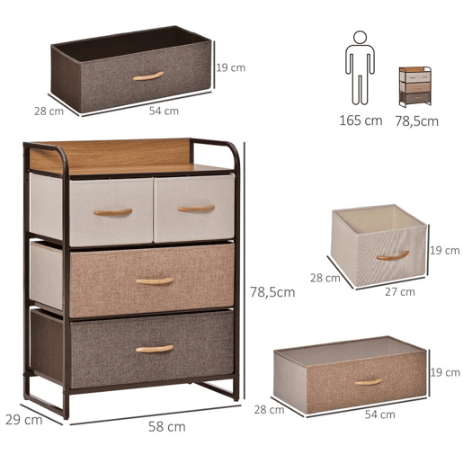 HOMCOM Cómoda Estreita com 4 Gavetas Dobráveis de Tecido, Estrutura Metálica, Ideal para Quarto, Sala, Casa de Banho ou Lavandaria, Multicolorida