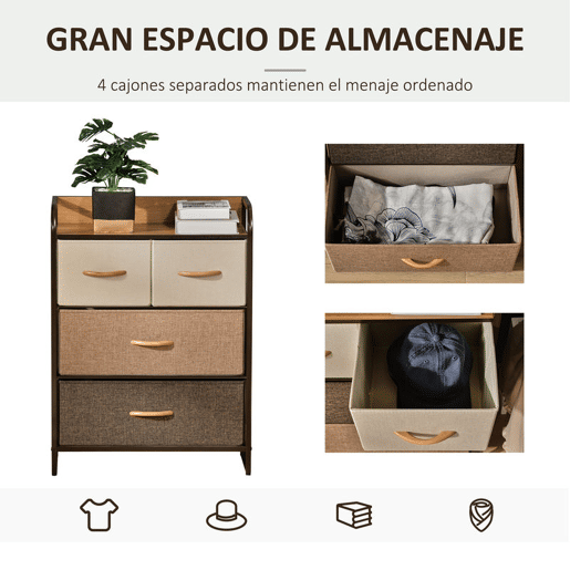 HOMCOM Cómoda Estreita com 4 Gavetas Dobráveis de Tecido, Estrutura Metálica, Ideal para Quarto, Sala, Casa de Banho ou Lavandaria, Multicolorida