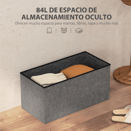 HOMCOM Baú de Armazenamento para Dormitório 84L Puff de Armazenamento Dobrável Estofado em Linho Sintético com Tampa para Sala de Estar 76x38x38 cm Cinza Escuro