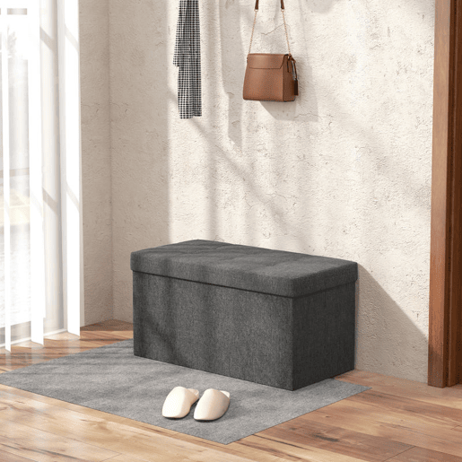 HOMCOM Baú de Armazenamento para Dormitório 84L Puff de Armazenamento Dobrável Estofado em Linho Sintético com Tampa para Sala de Estar 76x38x38 cm Cinza Escuro