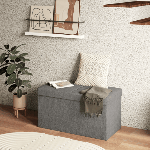 HOMCOM Baú de Armazenamento para Dormitório 84L Puff de Armazenamento Dobrável Estofado em Linho Sintético com Tampa para Sala de Estar 76x38x38 cm Cinza Escuro