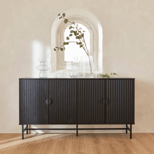 Aparador com efeito madeira e 4 portas, 157.5cm, Bazalt, Preto, 157.5x39x83 cm