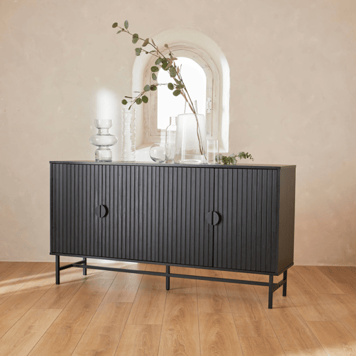 Aparador com efeito madeira e 4 portas, 157.5cm, Bazalt, Preto, 157.5x39x83 cm