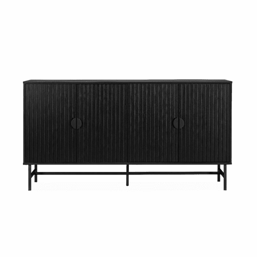 Aparador com efeito madeira e 4 portas, 157.5cm, Bazalt, Preto, 157.5x39x83 cm