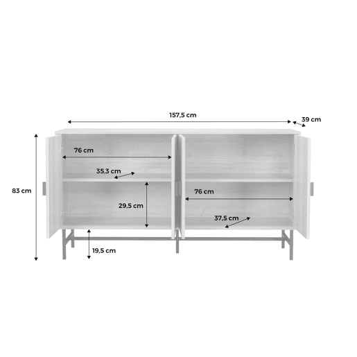 Aparador com efeito madeira e 4 portas, 157.5cm, Bazalt, Preto, 157.5x39x83 cm