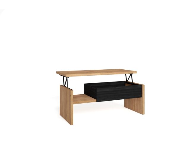 Mesa de centro elevable, mesa auxiliar salón comedor, 110x50x45cm, mesa de comedor, estilo moderno, roble y negro