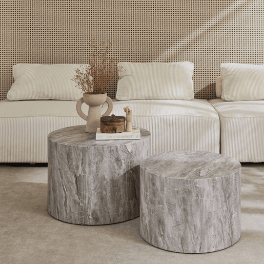 Mesa de centro redonda com efeito mármore, set de 2, Paros, Cinza, 58x1x40 cm