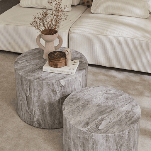 Mesa de centro redonda com efeito mármore, set de 2, Paros, Cinza, 58x1x40 cm