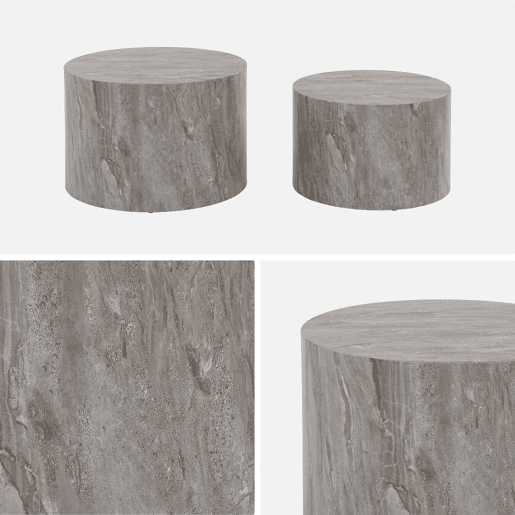 Mesa de centro redonda com efeito mármore, set de 2, Paros, Cinza, 58x1x40 cm