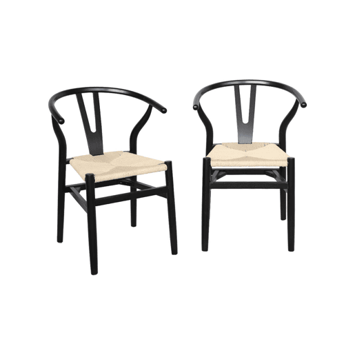 Cadeira de madeira com assento de corda, set de 2, Cecile, Preto, 54.5x53x76 cm