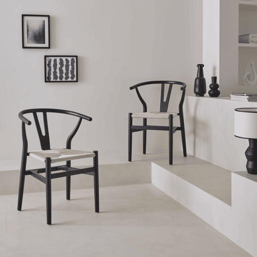 Cadeira de madeira com assento de corda, set de 2, Cecile, Preto, 54.5x53x76 cm