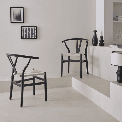Cadeira de madeira com assento de corda, set de 2, Cecile, Preto, 54.5x53x76 cm