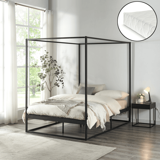 Cama de dossel Kristianstad com dossel + colchão de metal 120x200cm - Preto en.casa