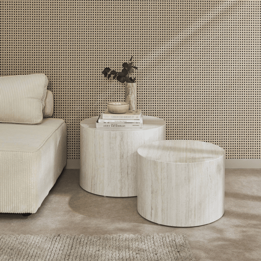 Mesa de centro redonda com efeito mármore, set de 2, Paros, Branco, 58x1x40 cm