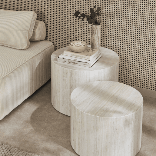 Mesa de centro redonda com efeito mármore, set de 2, Paros, Branco, 58x1x40 cm