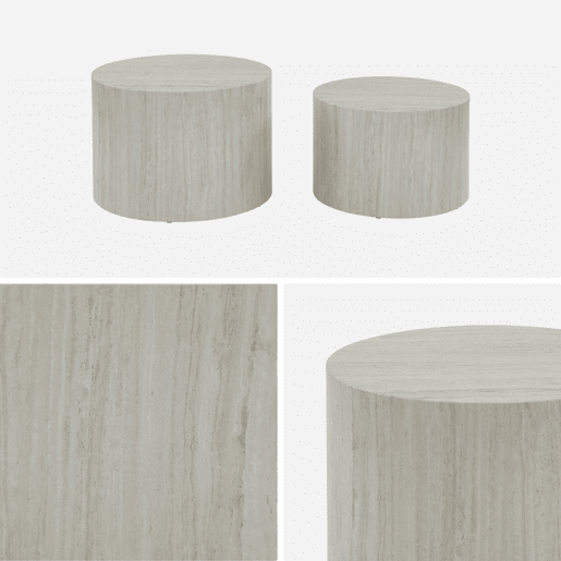 Mesa de centro redonda com efeito mármore, set de 2, Paros, Branco, 58x1x40 cm