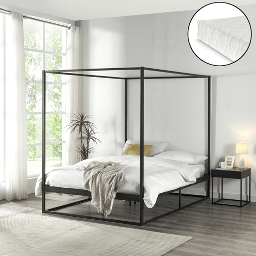 Cama de dossel Kristianstad com dossel + colchão de metal 140x200cm - Preto en.casa