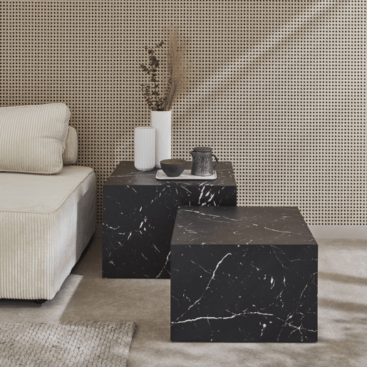 Mesa de centro quadrada com efeito mármore, set de 2, Paros, Preto, 58x58x40 cm