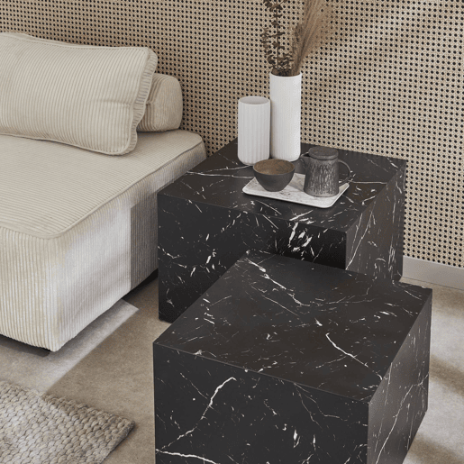 Mesa de centro quadrada com efeito mármore, set de 2, Paros, Preto, 58x58x40 cm