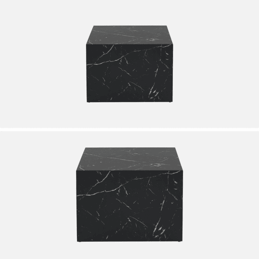 Mesa de centro quadrada com efeito mármore, set de 2, Paros, Preto, 58x58x40 cm