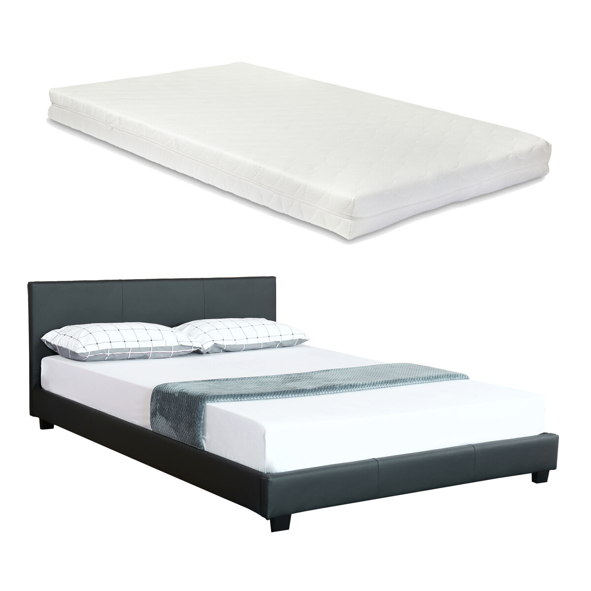 [Corium] Cama Albacete cuero sintético moderna - con colchón 149x210 Gris Oscuro