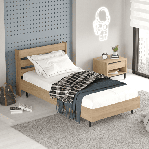 Cama individual Vesanto com estrado de ripas 100x200 cm - Efeito carvalho en.casa
