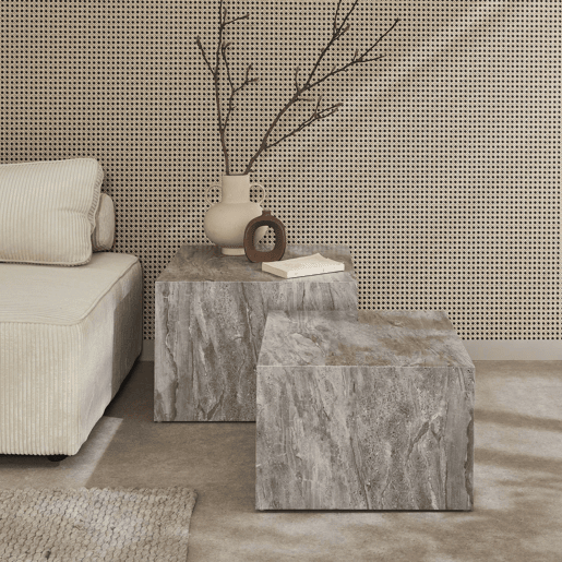 Mesa de centro quadrada com efeito mármore, set de 2, Paros, Cinza, 58x58x40 cm