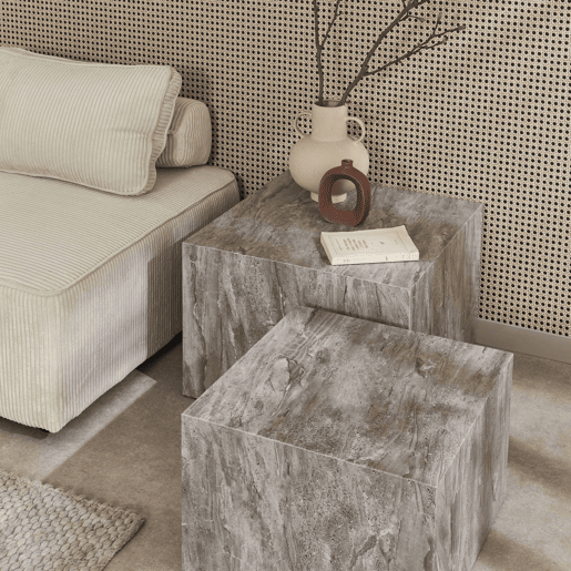 Mesa de centro quadrada com efeito mármore, set de 2, Paros, Cinza, 58x58x40 cm