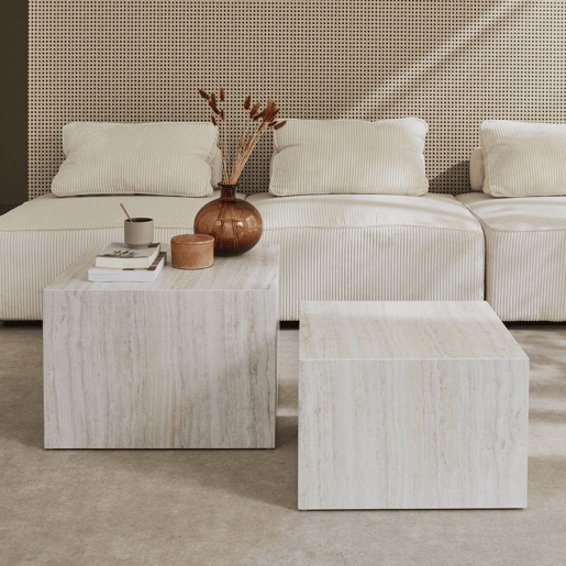 Mesa de centro quadrada com efeito mármore, set de 2, Paros, Branco, 58x58x40 cm