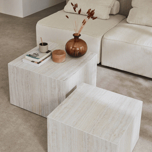 Mesa de centro quadrada com efeito mármore, set de 2, Paros, Branco, 58x58x40 cm