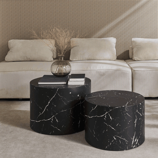 Mesa de centro redonda com efeito mármore, set de 2, Paros, Preto, 1x58x40 cm