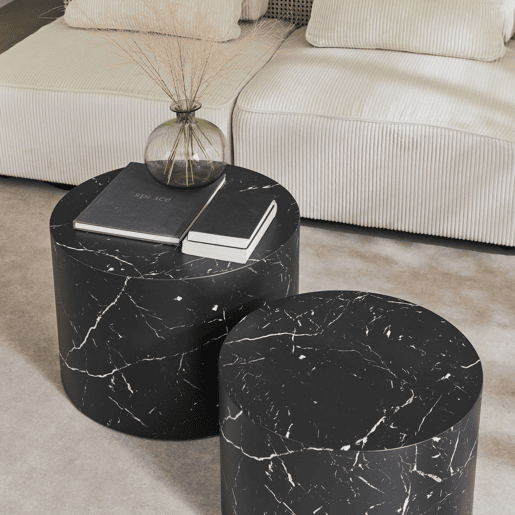 Mesa de centro redonda com efeito mármore, set de 2, Paros, Preto, 1x58x40 cm