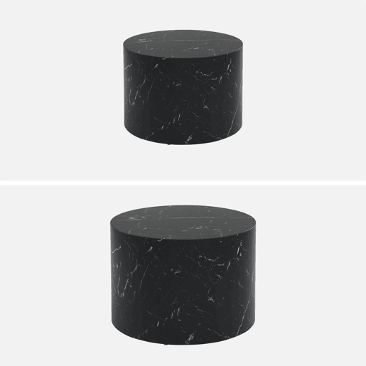 Mesa de centro redonda com efeito mármore, set de 2, Paros, Preto, 1x58x40 cm