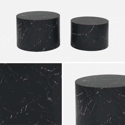Mesa de centro redonda com efeito mármore, set de 2, Paros, Preto, 1x58x40 cm
