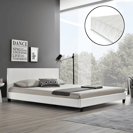 Corium Cama moderna em pele sintética Albacete - com colchão de espuma fria (180 x 200) (branco)