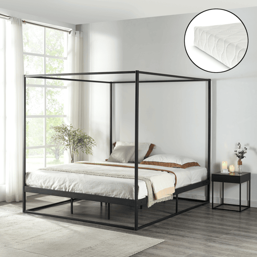 Cama de dossel Kristianstad com dossel + colchão de metal 160x200cm - Preto en.casa