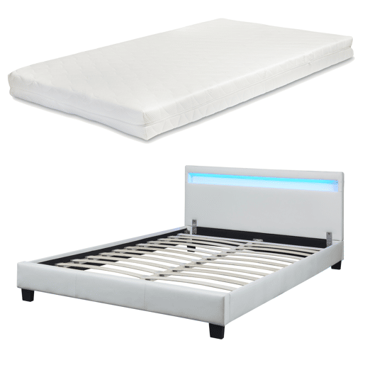 Cama de casal Corium Paris - com colchão e LED couro sintético (140x200cm) - (branco)