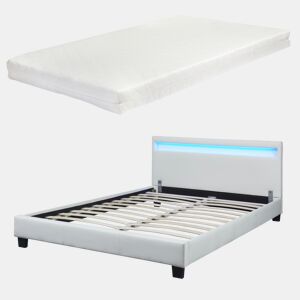 Cama de casal Corium Paris - com colchão e LED couro sintético (140x200cm) - (branco)