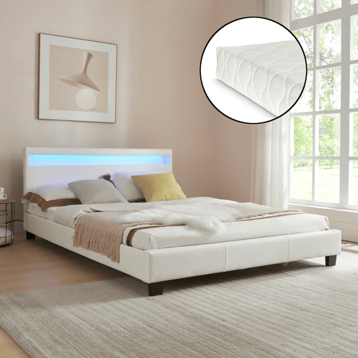 Cama de casal Corium Paris - com colchão e LED couro sintético (140x200cm) - (branco)