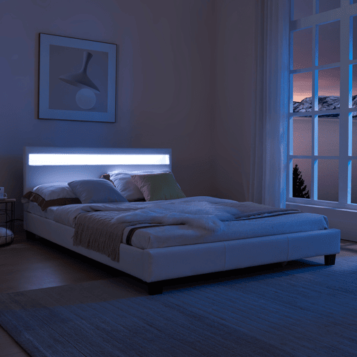 Cama de casal Corium Paris - com colchão e LED couro sintético (140x200cm) - (branco)