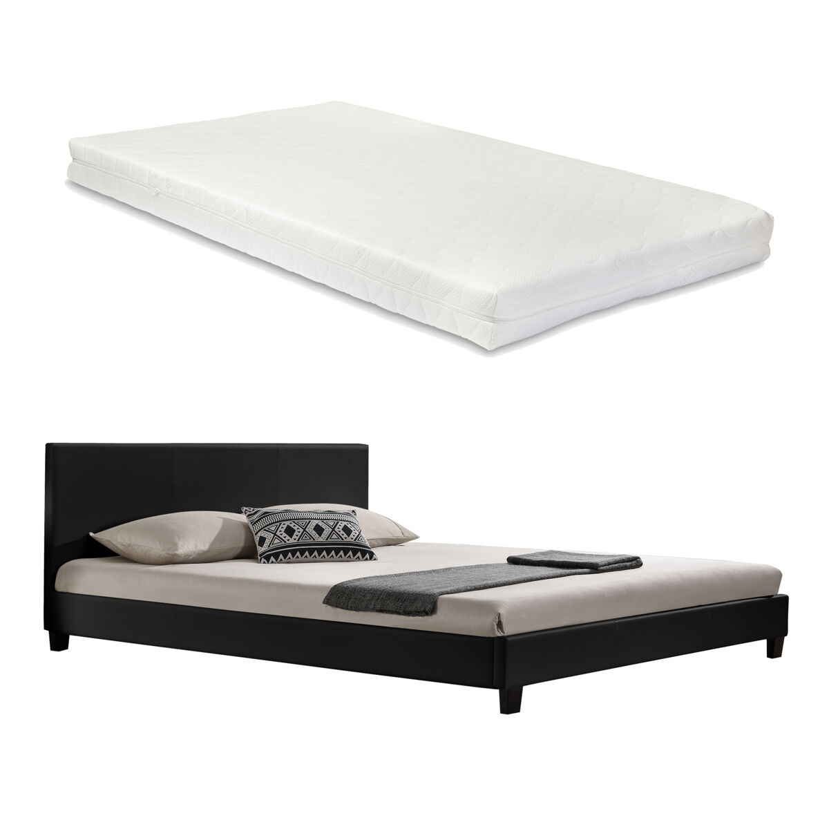 [Corium] Cama Albacete cuero sintético moderna - con colchón 189x210 Negro