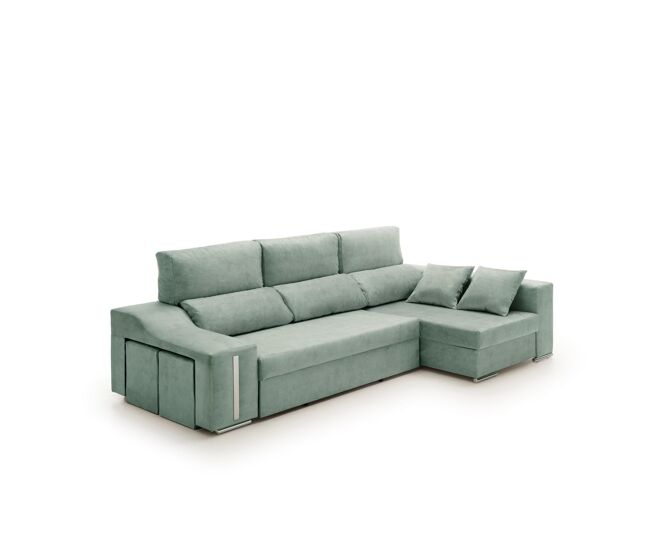 Sofa chaise longue cama con arcón y puff giuliana agua marina derecha