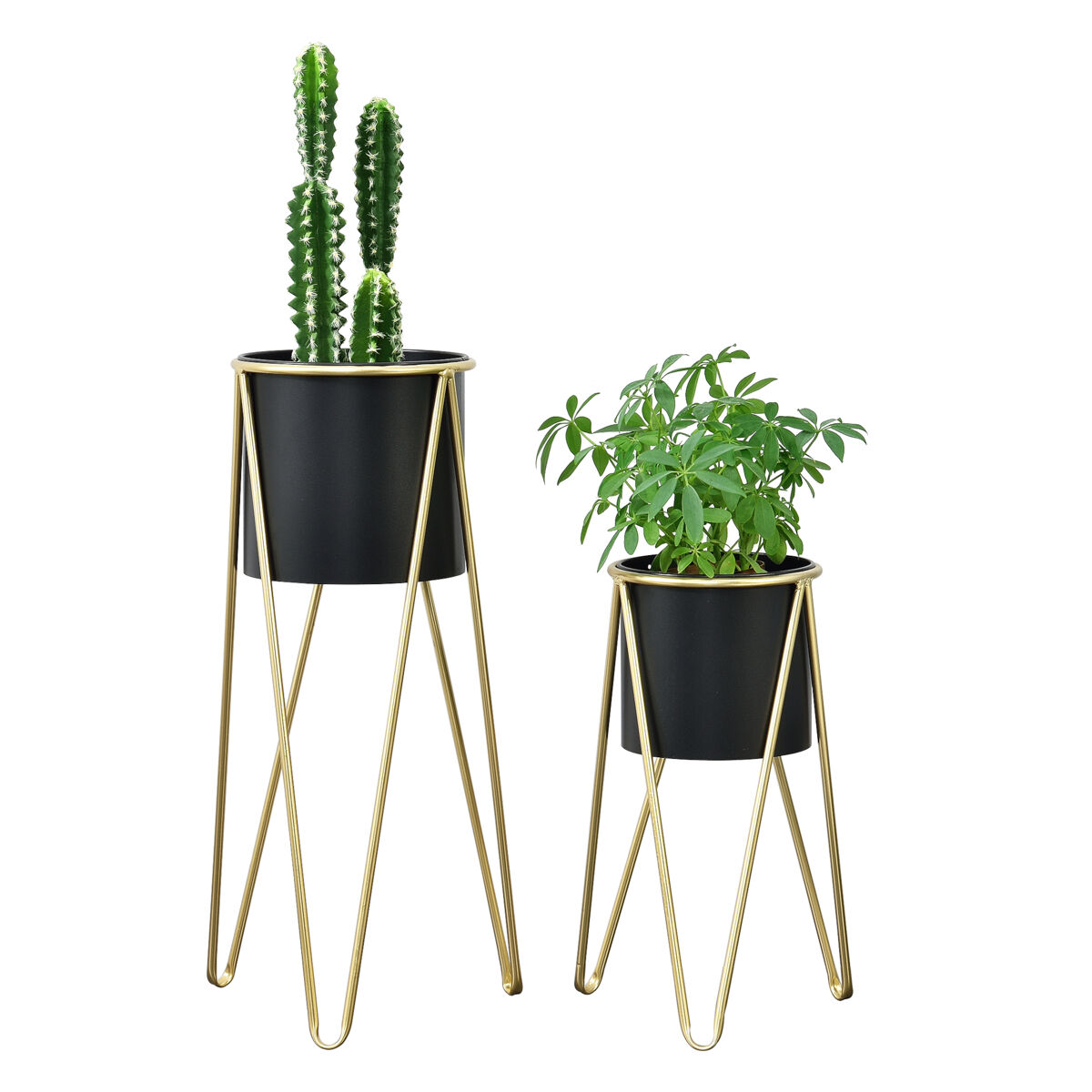 Set de 2x soportes para plantas hedera metal  48 x 25 x 25 cm y 70,5 x 32 x 32 cm - dorado y negro [en.casa]