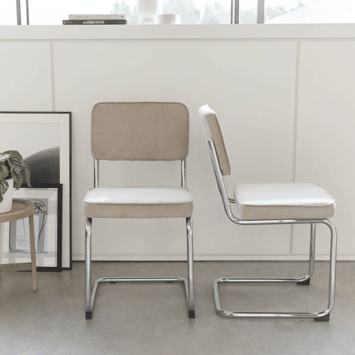 Cadeira cantilever em veludo cotelê, set de 2, Maja, Cinza bege, 46x54.5x84.5 cm