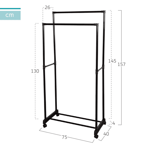 Max Home Burro de roupa altura dupla com sapateira e rodas 75x40x157 cm