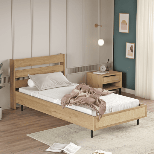 Cama Kvænangen com cabeceira 100x200cm - Carvalho e Rattan en.casa Cama Kvænangen com cabeceira 100x200cm - Carvalho e Rattan en.casa