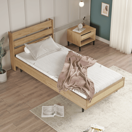 Cama Kvænangen com cabeceira 100x200cm - Carvalho e Rattan en.casa Cama Kvænangen com cabeceira 100x200cm - Carvalho e Rattan en.casa