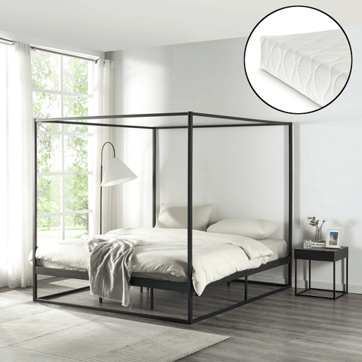 Cama de dossel Kristianstad com dossel + colchão de metal 180x200cm - Preto en.casa